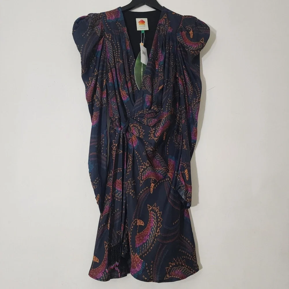 FARM Rio Sequin Toucans Mini Wrap Dress Sz S Black NWT Holiday Party Summer